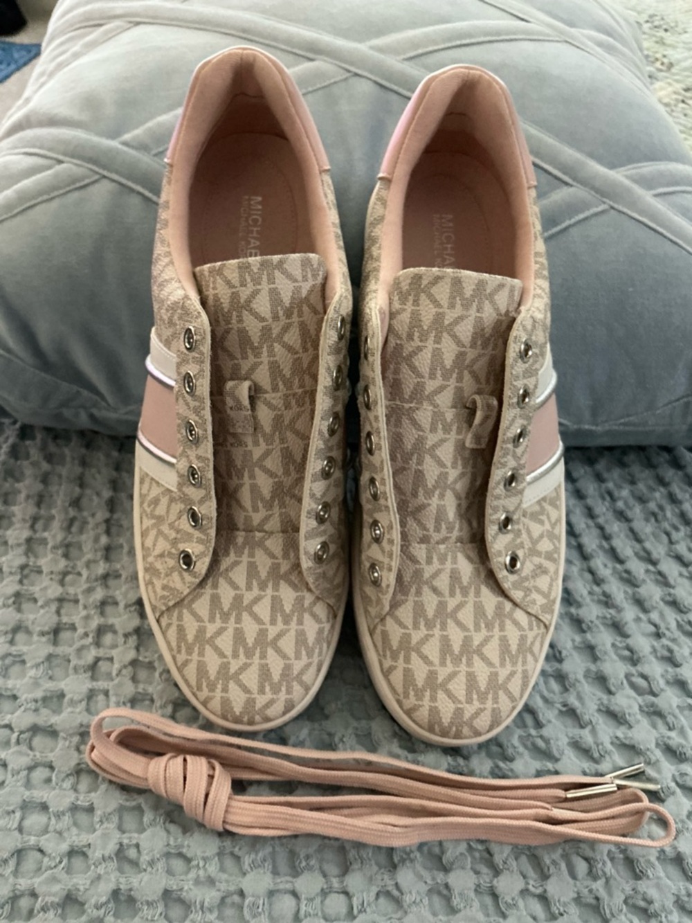 Michael Kors Beige and Pink MK Logo Slip-On Sneakers